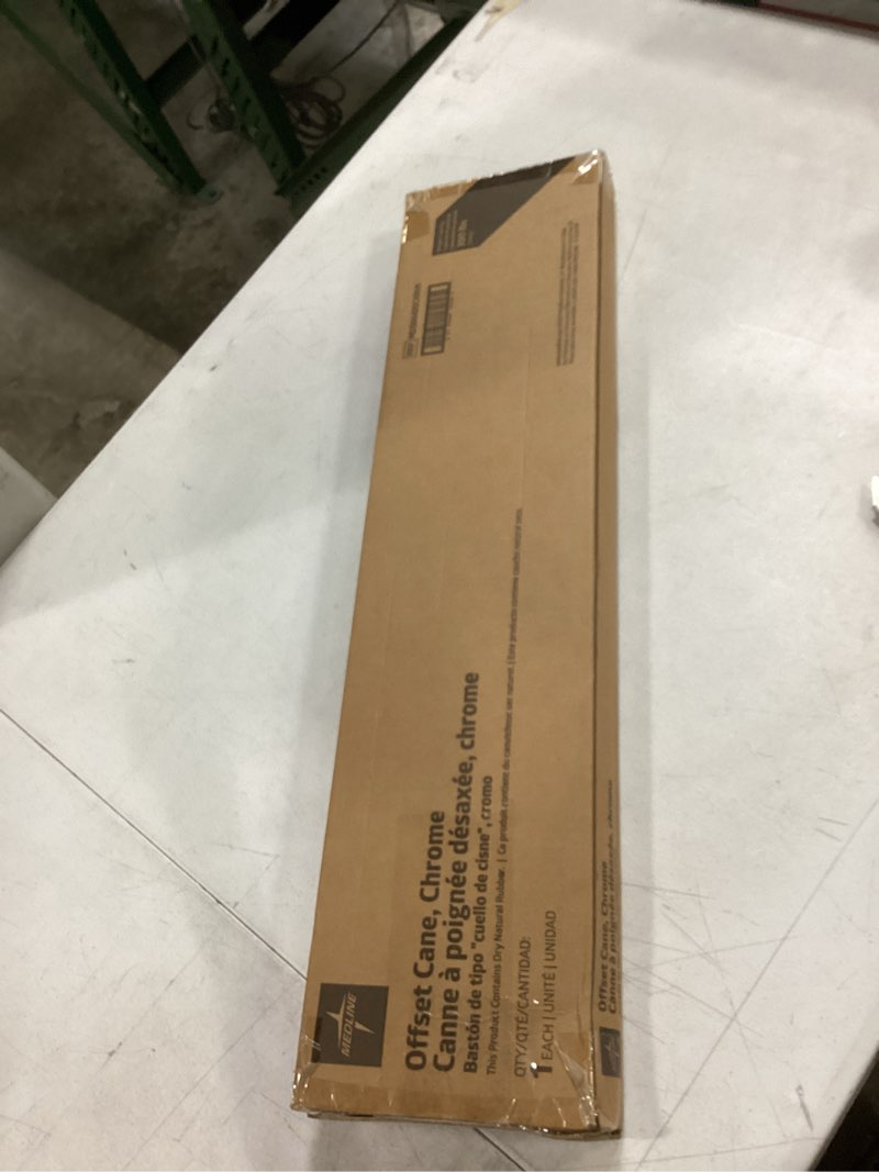 Condition photo showing New/Like New for medline aluminum-chrome offset walking cane, adjusts 29–38” & supports up to 300 lbs. — mobility aid provides balance for seniors & adults