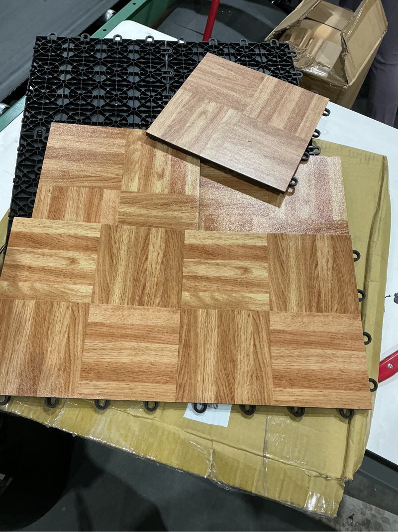 Condition photo showing As Is for 9 piezas))))flooring inc's 3/8\" thick interlocking lightweight plastic practice dance floor kit, printed dance temporary flooring over carpet for practice and performance of countless dance styles 4'x4' (16 sq/ft) white
