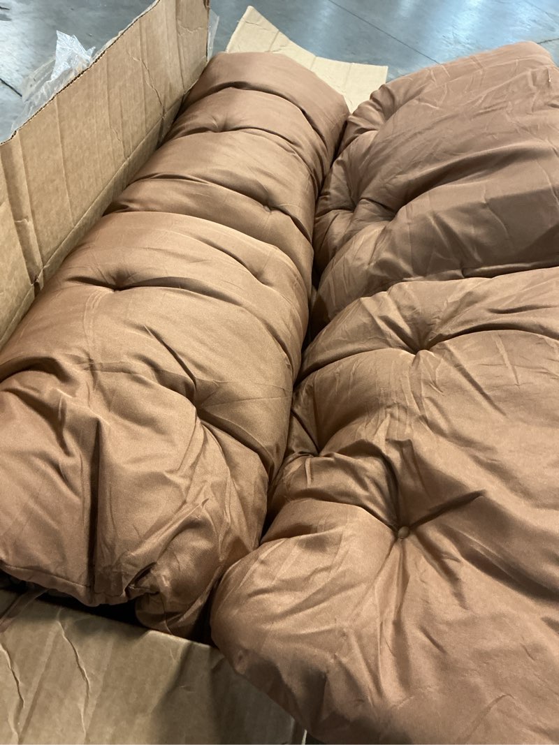 Condition photo showing As Is for outsunny tufted bench cushions & throw pillows, 4 piece swing cushion set, indoor/outdoor replacement bench seat pad, back cushion & 2 pillows for outdoor furniture, tan
