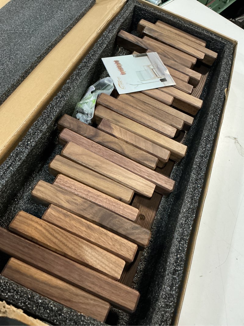 Condition photo showing Good Condition for desainoph® wooden coat rack wall mounted sticks multi rack solid handmade natural walnut wood artwork with 5 flip-down unique modern hooks for coats bag hat umbrella walnut 5-hooks