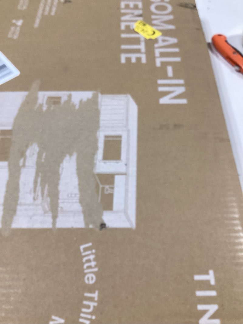 Condition photo showing New/Like New for Tiny Land Play Kitchen for Kids, Upgraded Wooden Kitchen Toy with Complete Play Areas, Pretend Cooking Set with Sink, Stove, Microwave, Toy Coffee Station & Storage for Kids Ages 3+ White