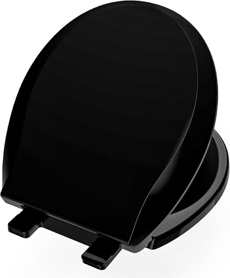 aünsffer black toilet seat round 16.5 inch, toilet lid slow close no- noise quiet close, easy instal