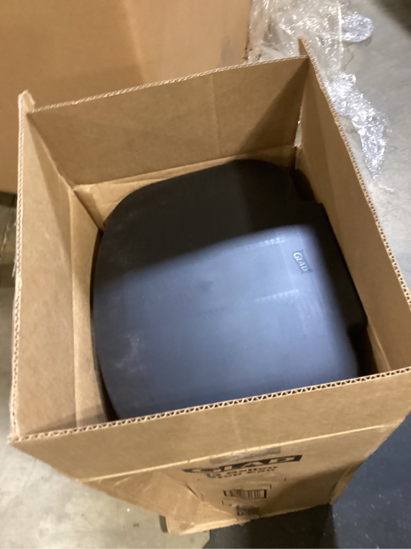 Condition photo showing As Is for glad 13 gal. black step-on plastic trash can with clorox odor protection of the lid