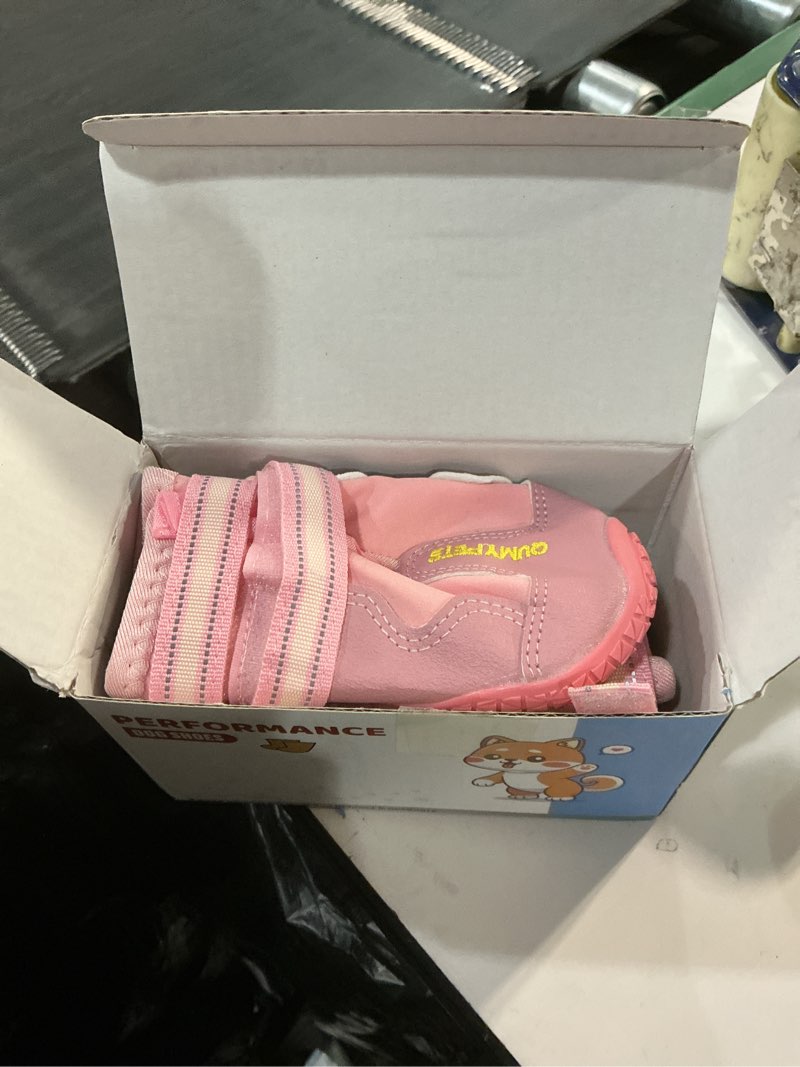 Condition photo showing As Is for QUMY Dog Shoes for Large Dogs, Medium Dog Boots & Paw Protectors for Winter Snowy Day, Summer Hot Pavement, Water-Resistant in Rainy Weather, Outdoor Walking, Indoor Hardfloors Skid-Resistant Sole Pink Size 4: 2.2''x2.6''(W*L) (Pack of 4)
