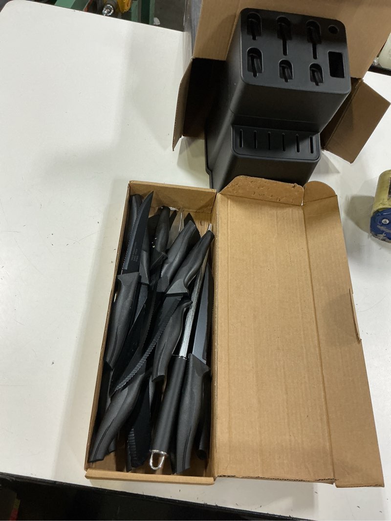 Condition photo showing As Is for haware knife set, 21 pieces stainless steel kitchen knife block set, black chef knife sets with 6 steak kinves, measuring spoon & slicer for home, sharp blade & light weight cutlery, ergonomic handle abs handle with abs block-black