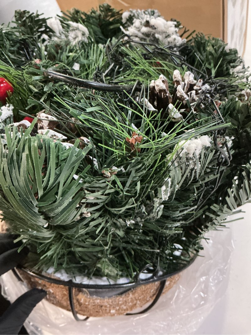 Condition photo showing Good Condition for artificial christmas hanging basket, decorated with frosted pine cones, berry clusters, 30 led string lights, front porch christmas outdoor decorations for garden patio lawn