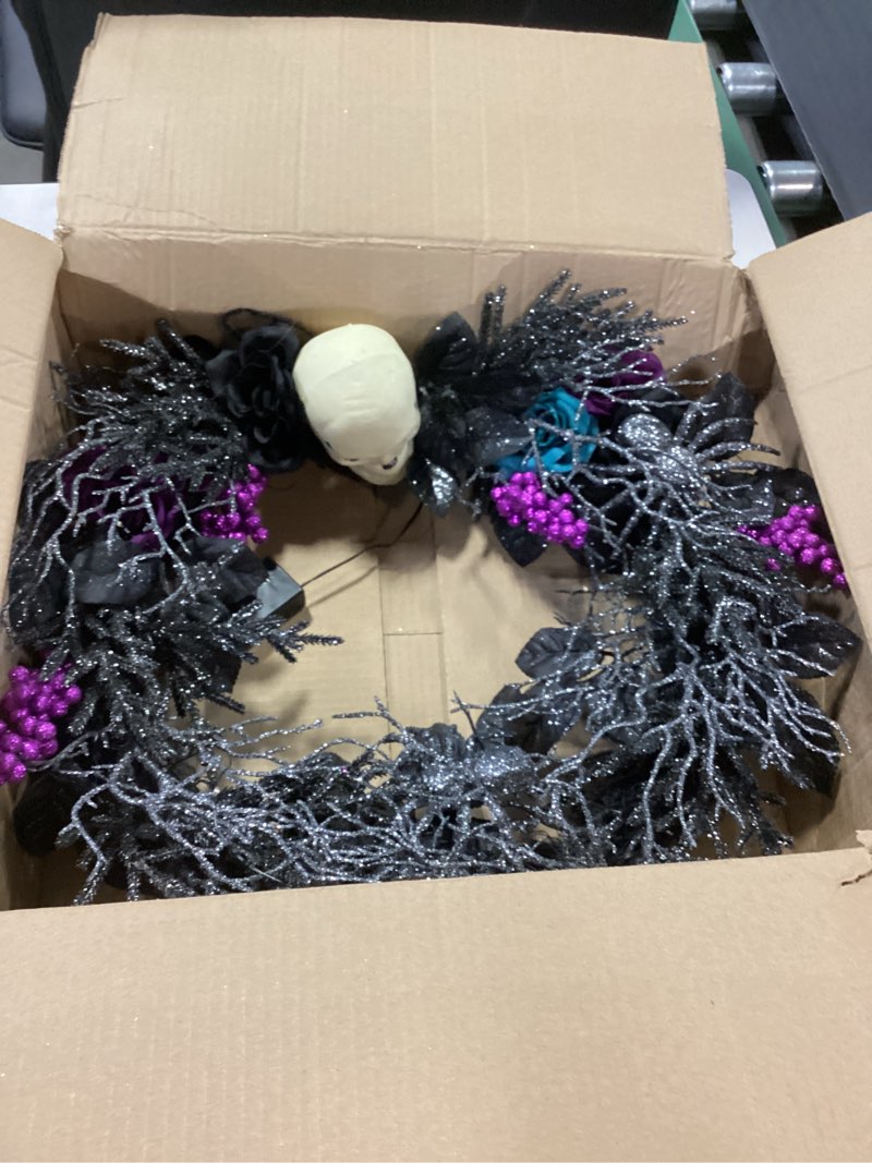 Adeeing Halloween Wreath for Front Door Halloween Skeleton Decorations, 20 Inch Halloween Pumpkin Wreath with Skull Black Roses Maple Leaves for Window Indoor Outside Home Party Decor