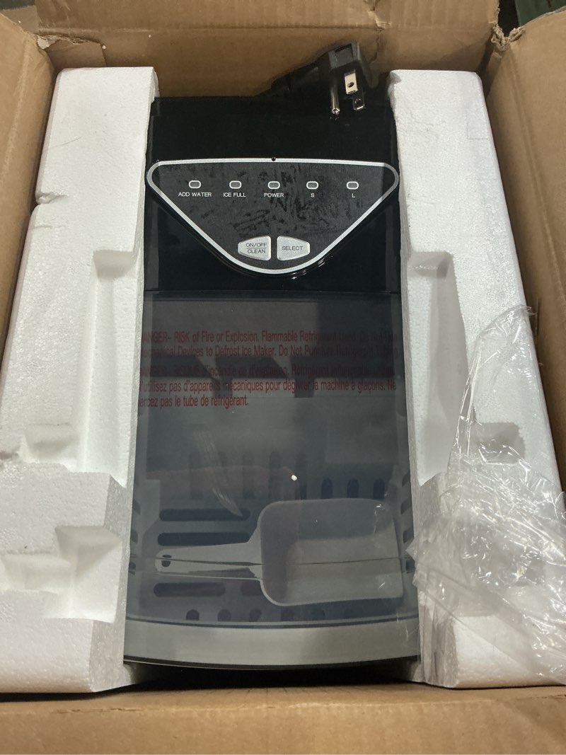 Condition photo showing Good Condition for Silonn Ice Maker Countertop, 9 Cubes Ready in 6 Mins, 26lbs in 24Hrs, Self-Cleaning Ice Machine with Ice Scoop and Basket, 2 Sizes of Bullet Ice for Home Kitchen Office Bar Party Black-Transparent 26lbs