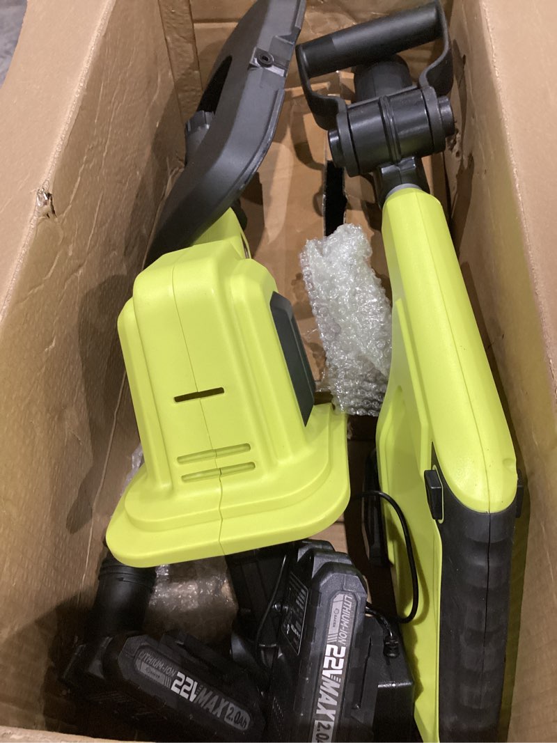 Condition photo showing As Is for saker 22v cordless electric garden tiller cultivator, lightweight rototiller for gardening, 9-inch tilling width, 6.3-inch depth for soil preparation, weeding, and gardening 2 batteries sk-tc18b light green