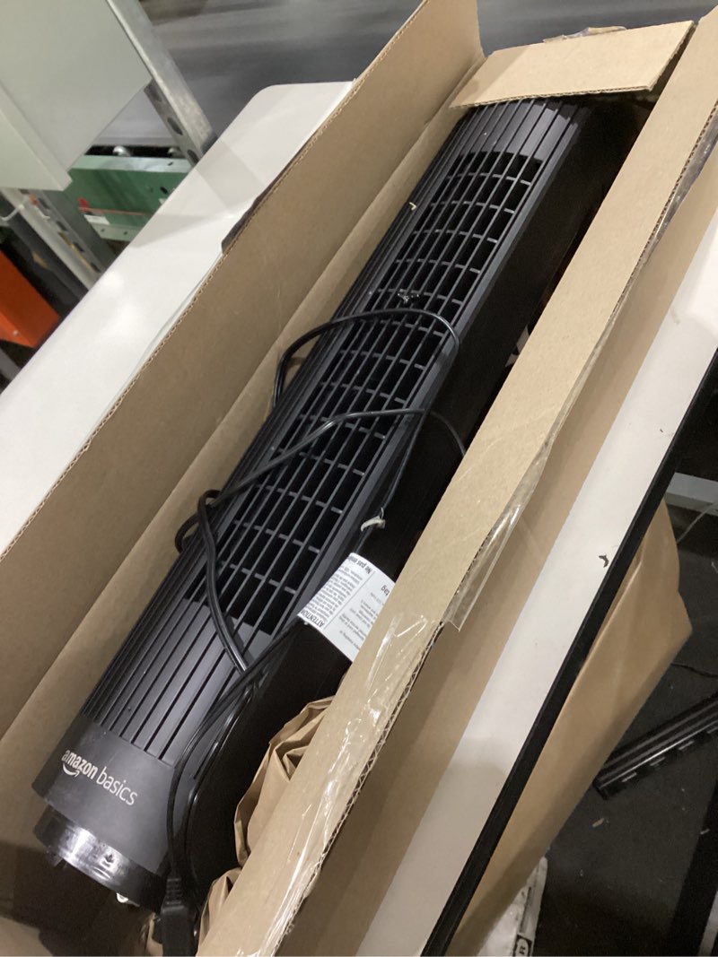 Condition photo showing Good Condition for amazon basics 28" 60-degree oscillating tower fan for bedroom, living room, office, with 3 speeds, intuitive mechanical control, black, 35w, 27.8"h x 9.4"d x 9.4"w 28" - mechanical control