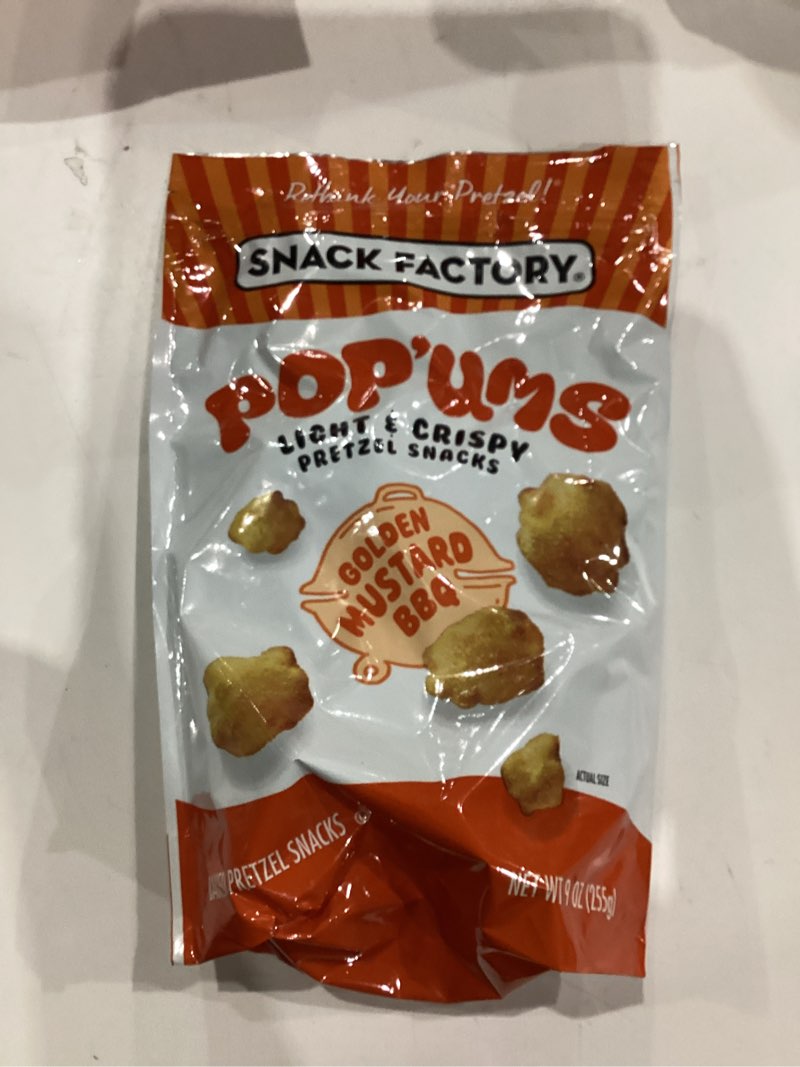 Condition photo showing New/Like New for (Best by Feb 7 2026)Snack Factory Pop'ums Golden Mustard BBQ Pretzel Snacks, 9 Oz Bag (Pack of 2) Golden Mustard BBQ 9 Ounce (Pack of 2)