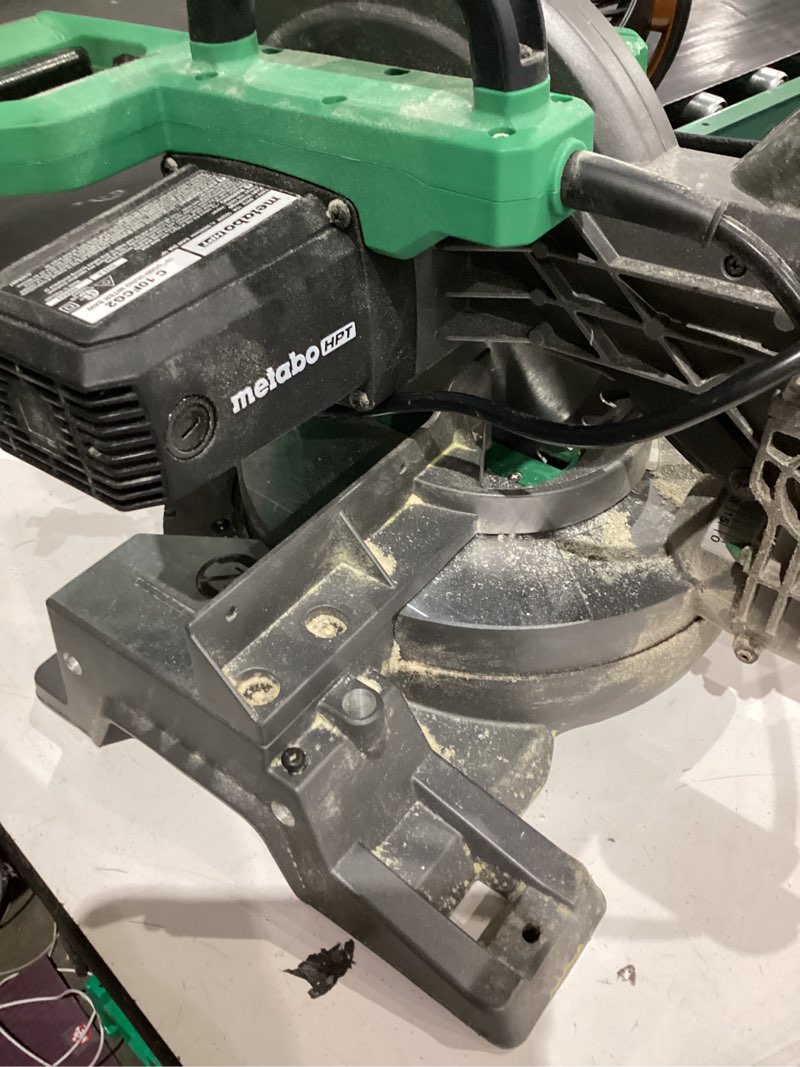 Condition photo showing As Is for metabo hpt 10-inch single bevel compound miter saw, 15-amp power saw with xact cut shadow line, precision miter angles, single bevel 0-45°, 40t tct miter saw blade, lightweight design, c10fcg2 c10fcg2 - next gen model