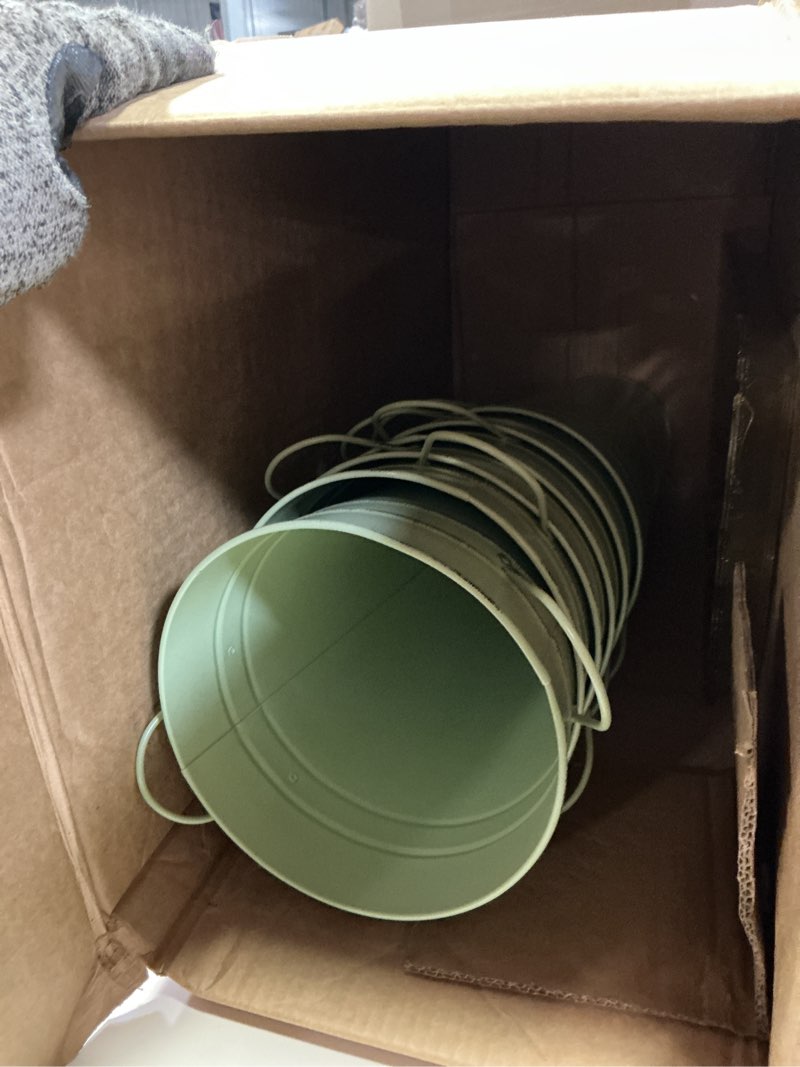 Condition photo showing Good Condition for irenare 12 inch vintage galvanized flower bucket metal flower vase farmhouse french bucket planter metal floral container for party table centerpiece weddings home(sage green,6 pcs) sage green 6