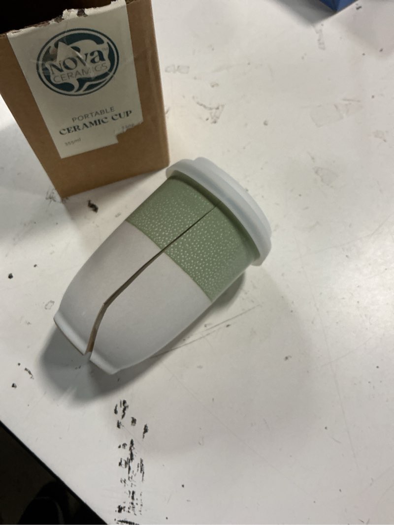 Condition photo showing As Is for nova ceramics travel mug - ceramic to go coffee mug with lid – travel mug ceramic to go cup – microwave & dishwasher safe ceramic coffee mug with lid - gifts for women men him her – 12oz – sage green sage 12 ounces