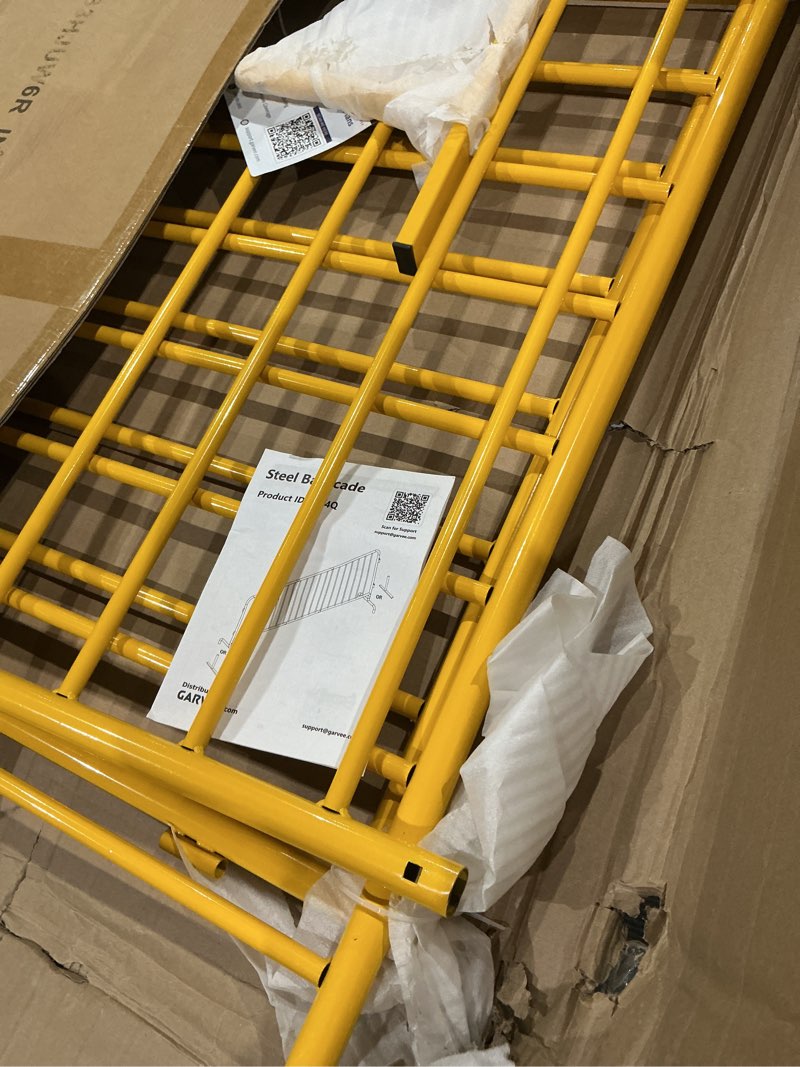 Condition photo showing As Is for garvee 1 pack interlocking steel barricade 5.5 ft heavy-duty metal barricade rust-proof powder coated outdoor crowd control.