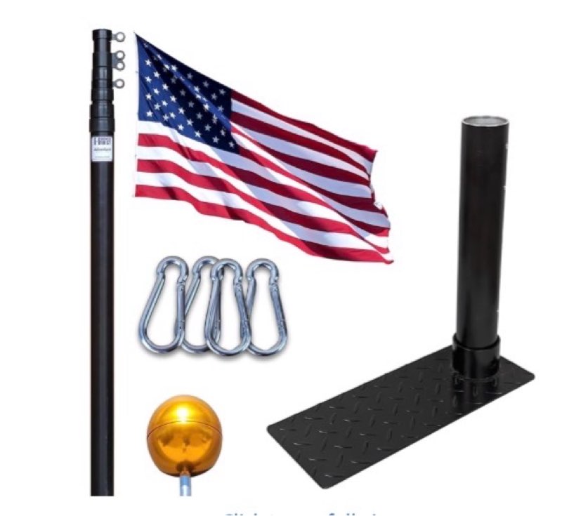 (Similar to stock photo) Service First Black Complete Tailgate Flag Pole Package 20FT Black with Stainless Steel Tire Mount and Swivel Rings - Includes Car Protector Foam Pad