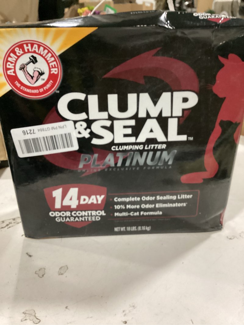 Condition photo showing As Is for arm & hammer clump & seal platinum cat litter, multi-cat clumping litter forms rock-hard clumps, powerful odor eliminators with baking soda, 14-day odor control, 18 lbs 18 lbs clump & seal platinum clumping cat litter
