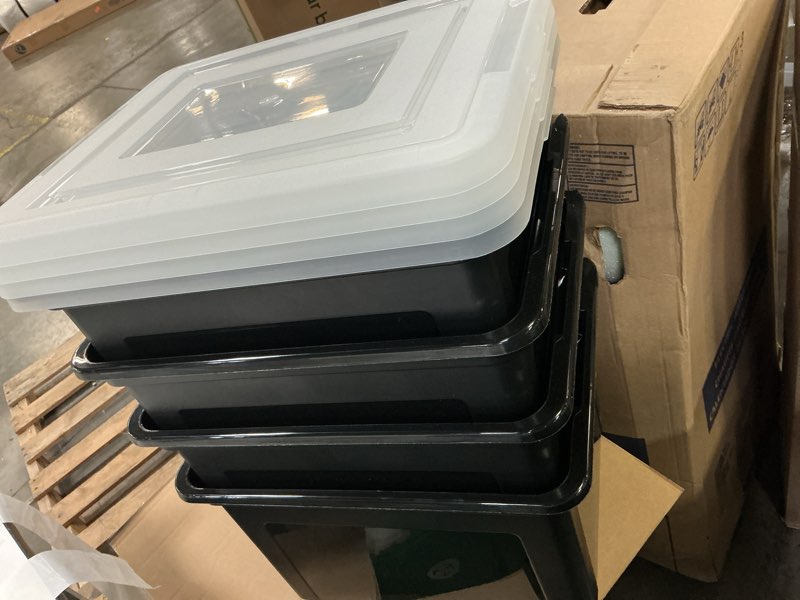 Condition photo showing As Is for IRIS USA File Box, Plastic File Organizer with Lids for Letter/Legal File, Portable Document Box For Moving, Storage Bin with Durable and Secure Lid, Stackable Nestable BPA-Free, Black 35 Qt. 4 Pack Black - 4 Pack