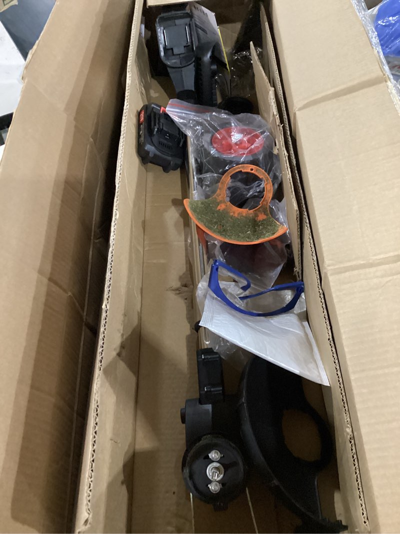 Condition photo showing As Is for not tested**** stringless weed wacker 21v electric weed wacker cordless with wheels, 2pcs batteries&4types blades,3-in-1 grass trimmer/brush cutter/edger lightweight weed trimmer for thick weeds&yard garden