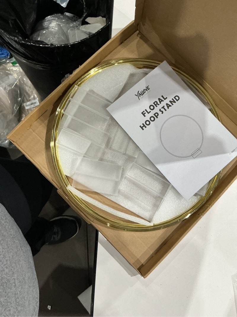 Condition photo showing New/Like New for yallove 10 pcs 12 inch floral hoop table centerpiece, metal wreath ring stand with crystal clear acrylic base for balloon and flower decoration, flower not included gold 30cm