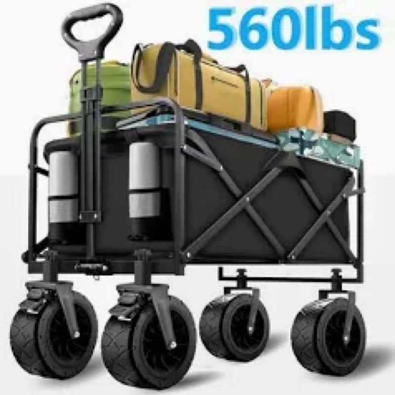 48" L Collapsible Wagon Cart Foldable, 560lbs Weight Capacity 300L Heavy Duty Folding Beach Wagons w