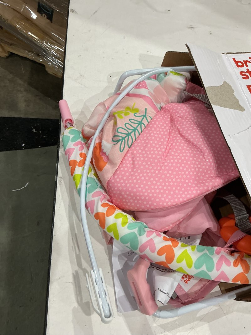 Condition photo showing As Is for bright starts baby bouncer soothing vibrations infant seat - removable -toy bar, nonslip feet, 0-6 months up to 20 lbs (fancy fantasy, pink unicorn)