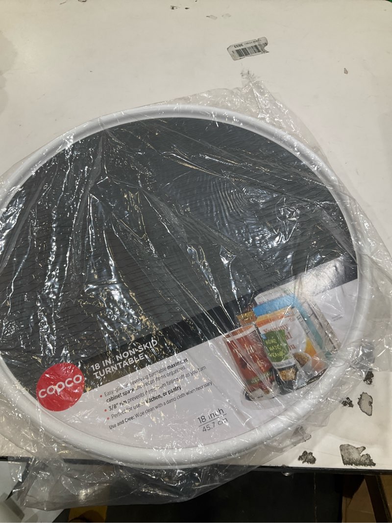 Condition photo showing New/Like New for Copco 18-Inch Lazy Susan Turntable Organizer, Non-Skid Pantry or Cabinet Spinner for Spices, Condiments, and Bottles, Durable White/ Gray Design White/Gray