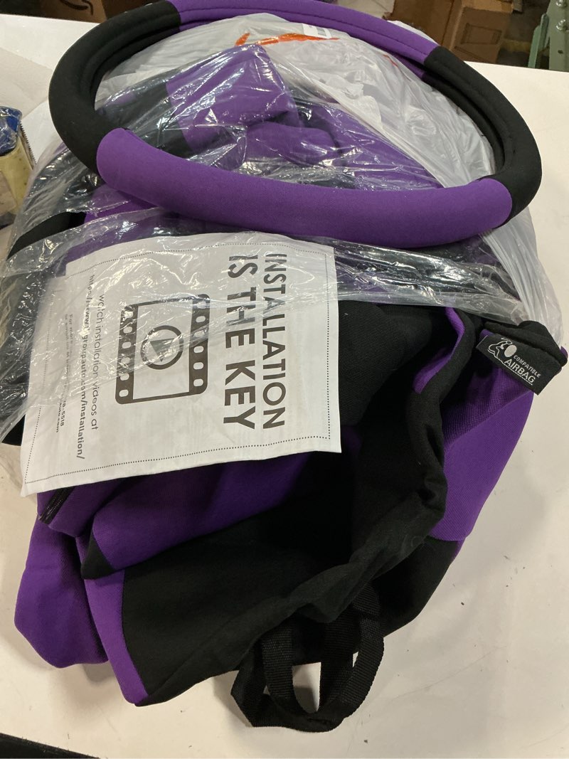 Condition photo showing As Is for FH Group Full Set Car Seat Covers Cloth, Universal Fit combo, Set with Steering Wheel Cover and Seat Belt Pad fits Most Cars, SUVs, Trucks Purple