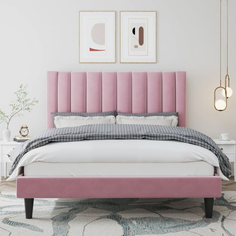 Amolife Queen Size Platform Bed Frame with Upholstered Velvet Channel Headboard, Pink
