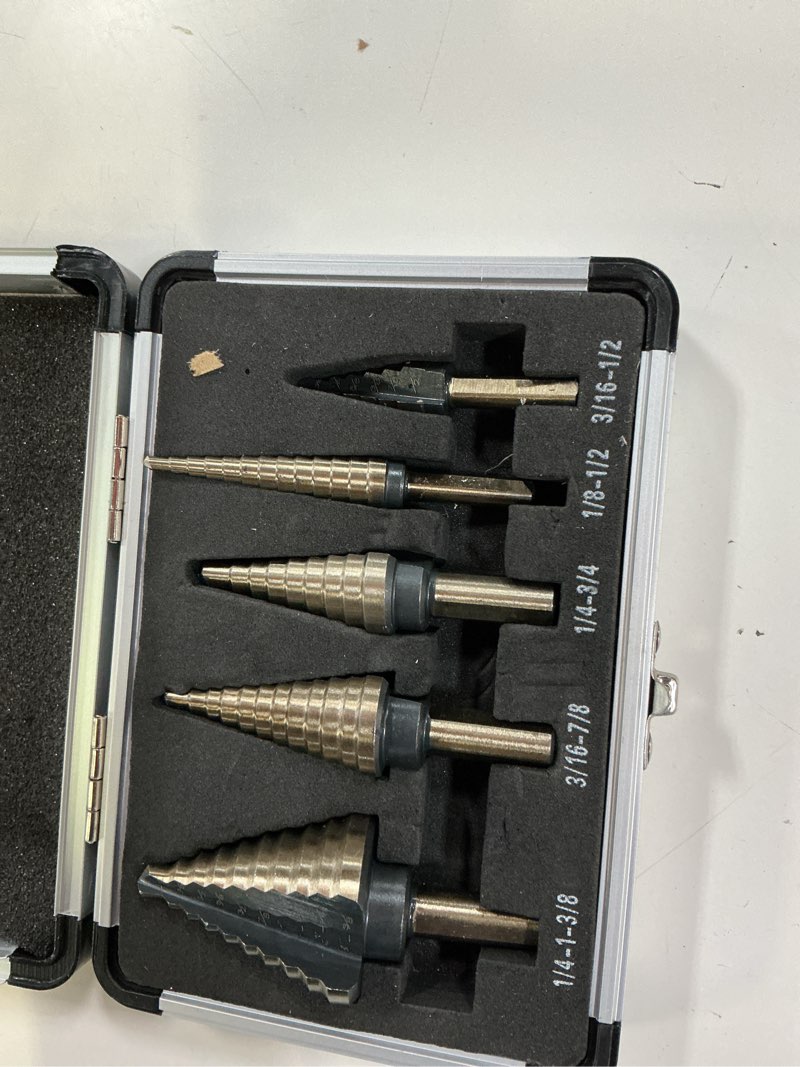 Condition photo showing Good Condition for step drill bits, 5pcs hss titanium step drill bit set, 50 sizes high speed steel step bits for metal with aluminum case 5 pc set