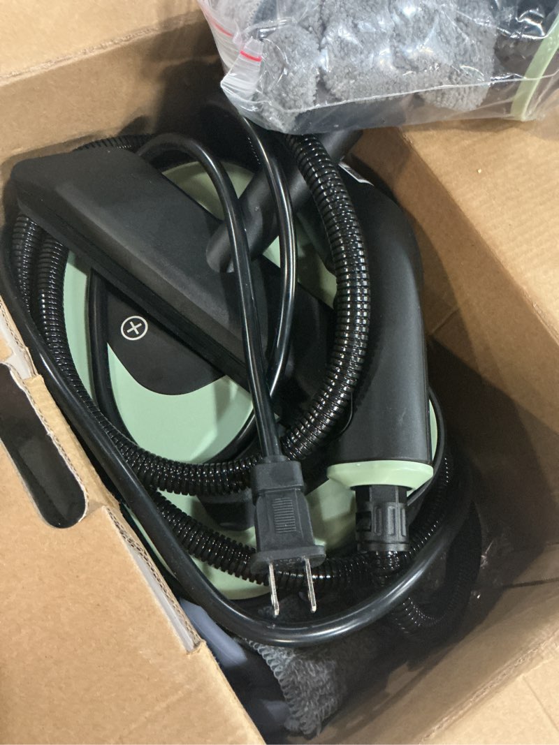 Condition photo showing New/Like New for steam cleaner, portable steamer for cleaning with 16pcs accessories, 6-level adjustable and 15s heat-up, handheld steam cleaner for home, tile, dirt, grout, grease, car detailing green