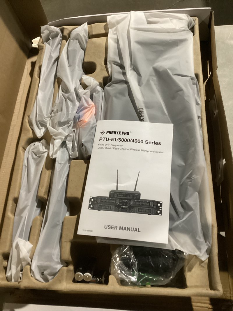Condition photo showing Good Condition for Phenyx Pro Wireless Microphone System, 4-Channel UHF Wireless Mic, Fixed Frequency Metal Cordless Mic with 4 Handheld Dynamic Microphones, 260ft Range, Mics for Singing, Church(PTU-5000-4H)