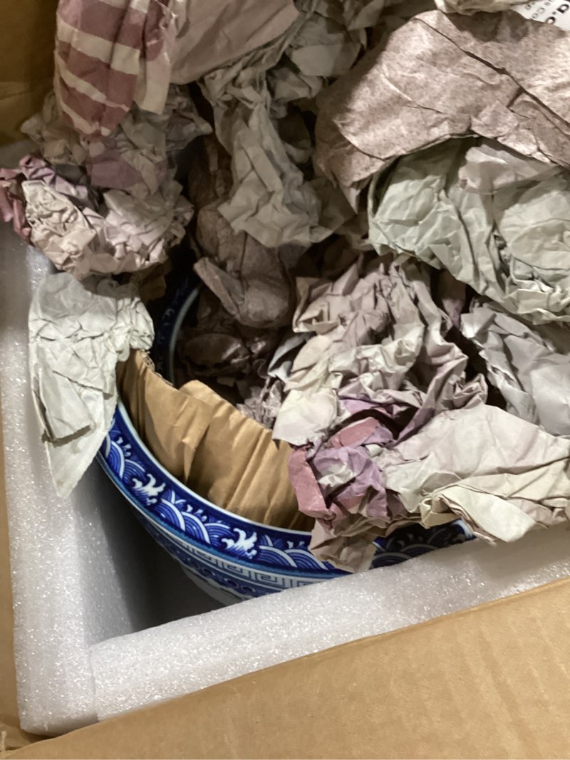 Condition photo showing Good Condition for blue and white chinoiserie planter set, no drainage hole - twin pack ceramic cachepots for plants & fish bowl, large & small oriental decor (large & small)