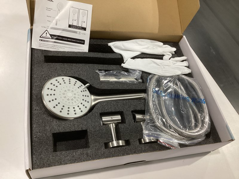 Condition photo showing As Is for adjustable shower slide bar with 5-function handheld shower head, stainless steel grab slide bar combo with extra hose (brushed nickel)