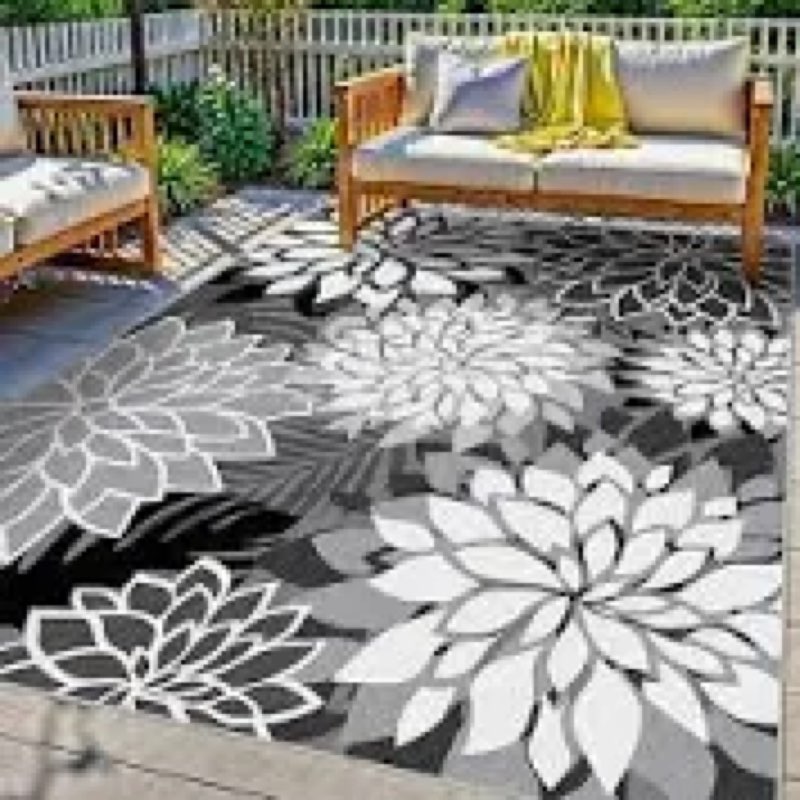 Outdoor Area Rug Washable Multicolored Rug Tropical Botanical Modern Floral Outdoor Carpet Black Whi