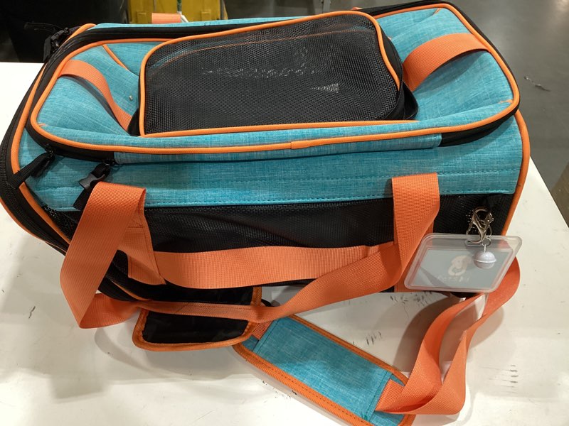 Condition photo showing As Is for top-expandable pet carrier with wheels airline approved, blue | 19"l x 13"w x 9"h, for southwest allegiant airlines, lockable safety zippers and anti-scratch mesh, pets under 12 lbs blue and wheeled