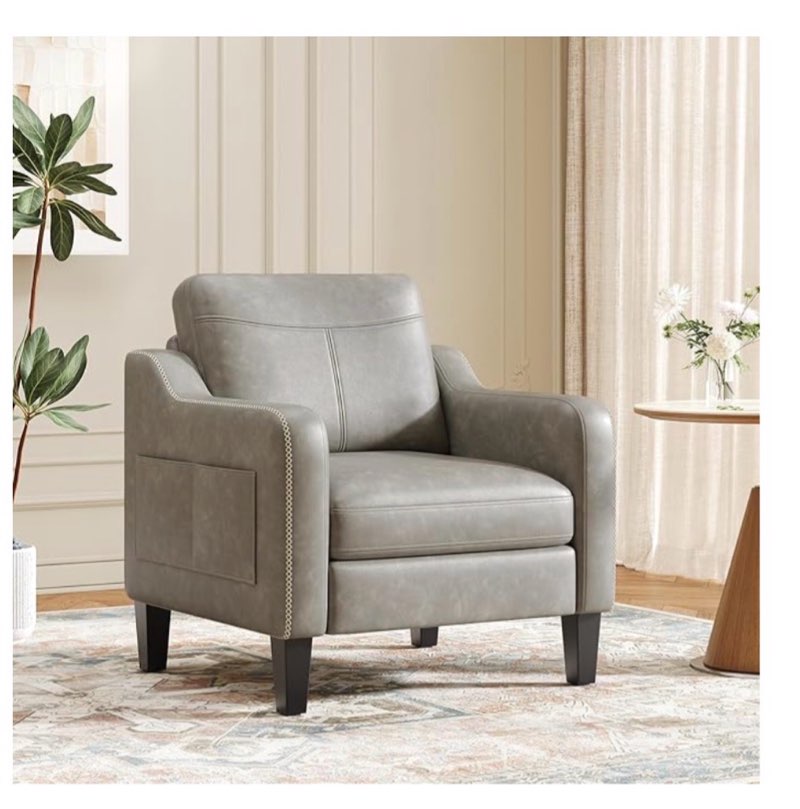  malol pu leather accent chair, mid-century modern living room armchair sofa with removable cushions, solid wood frame & stitched armrest design, bedroom chair with plastic legs, grey