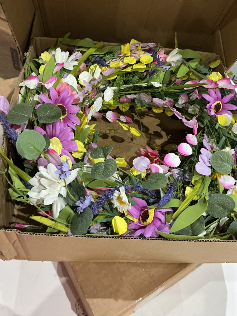Condition photo showing New/Like New for 24 inches spring wreaths for front door spring flower wreaths summer door wreath colorful wildflower wreath with daisy lavender for window indoors outdoor decor