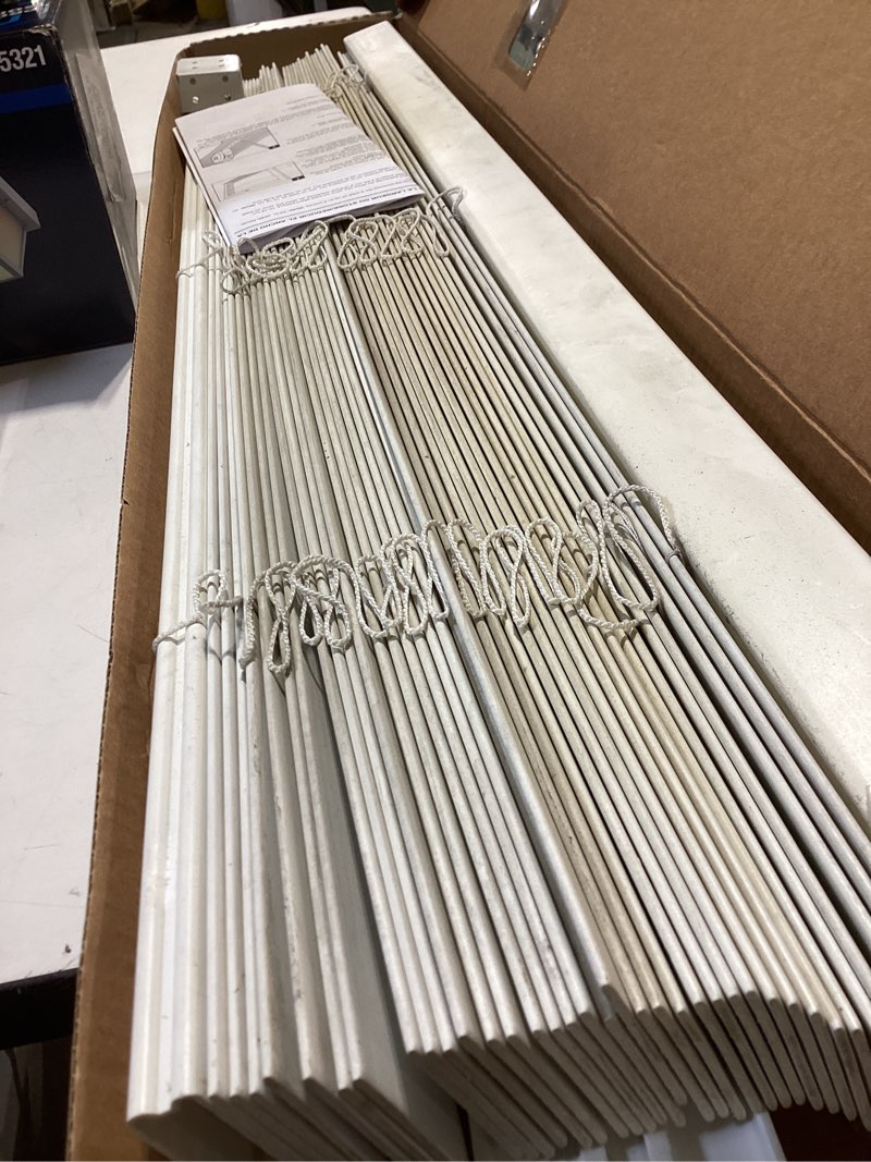Condition photo showing As Is for allen + roth trim at home 2-in slat width 35-in x 72-in cordless white faux wood room darkening horizontal blinds