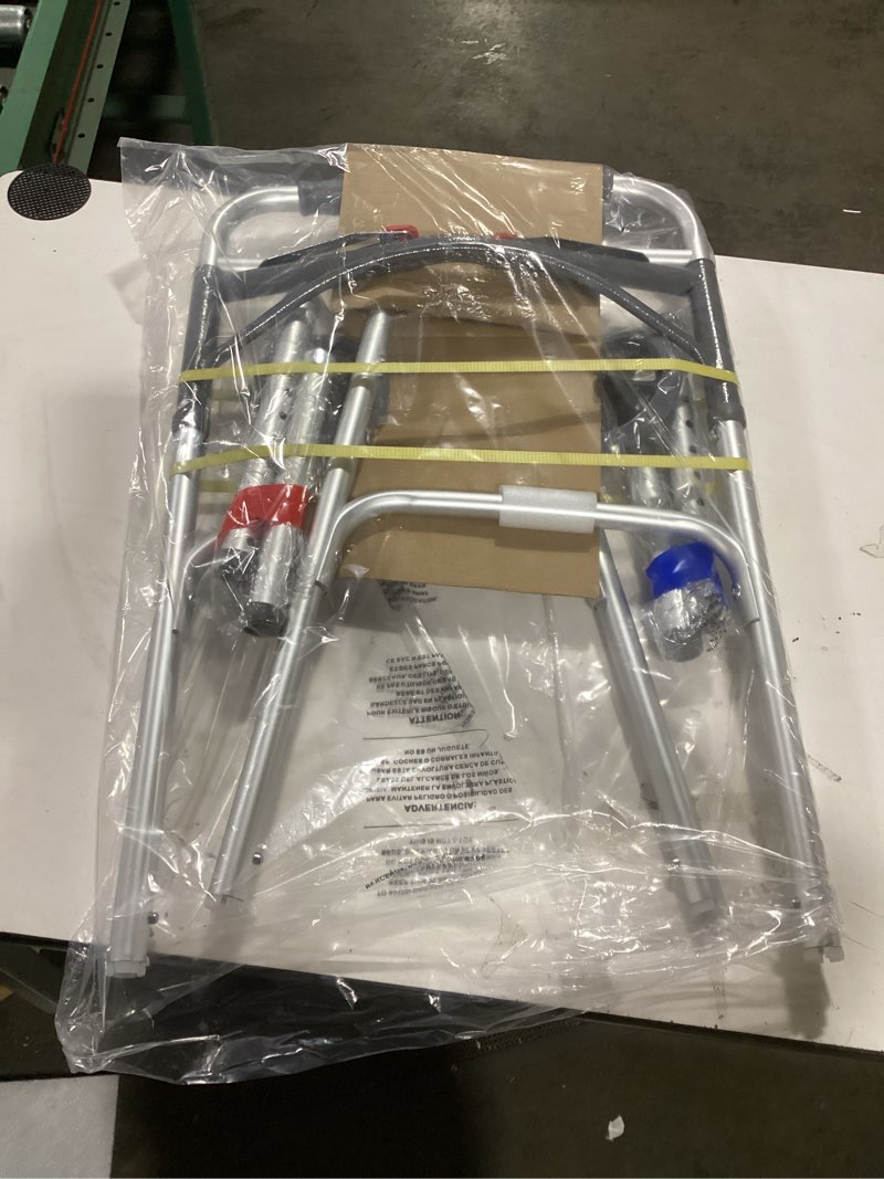 Condition photo showing As Is for Drive Medical Two-Button Folding Walker w/ Wheels - Lightweight Rolling Mobility Support - Desk Arms - Adjustable Height - Dual Push Operation - 5 Inch Front Wheels - Durable Aluminum - Silver 2-Button Walker