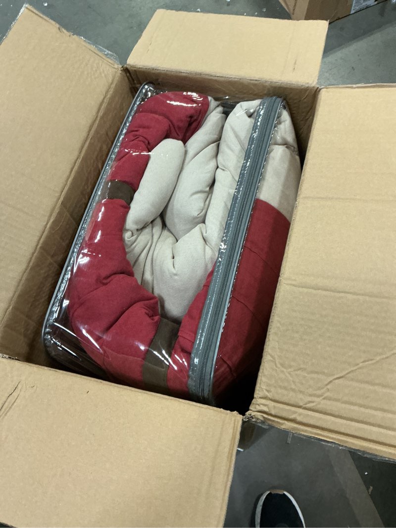 Condition photo showing New/Like New for Madison Park Palmer Comforter Set-Luxury Faux Suede Design, Striped Accent, All Season Down Alternative Bedding, Matching Shams, Decorative Pillow, Bed Skirt, King (104 in x 92 in), Red 7 Piece Red King (104 in x 92 in)