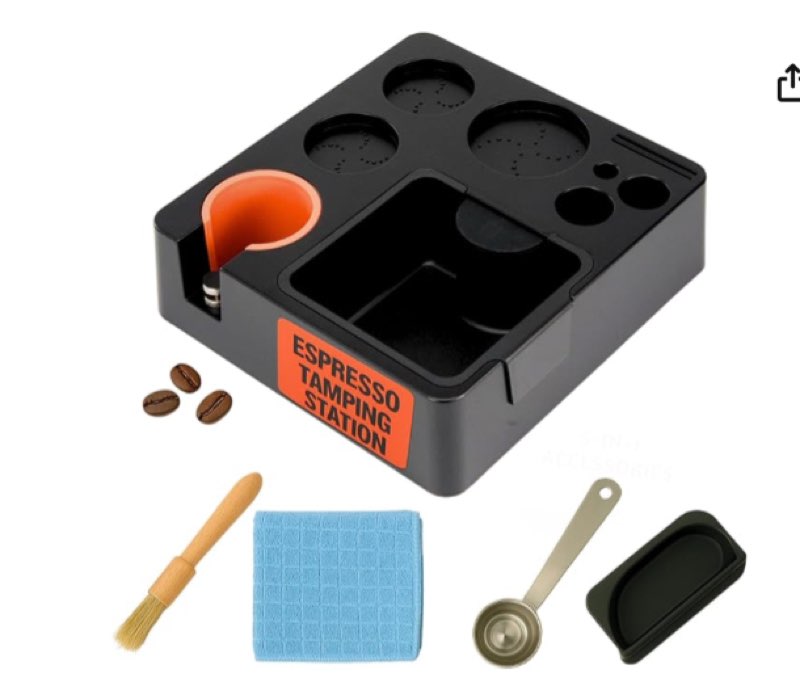 HAKKEN Espresso Tamping Station, Detachable Espresso Knock Box and Tamp Station for Coffee Bar Accessories Fit for Storage 51, 54, 58MM with Free Spoon, Brush, Towel & Mat (Black)