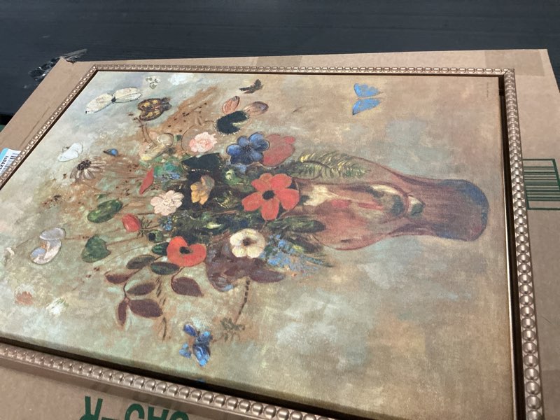 Condition photo showing Good Condition for Kate and Laurel Sylvie Beaded Still Life with Flowers Vintage Framed Canvas Wall Art by Odilon Redon, 18x24 Gold, Painted Floral Bouquet Art for Wall of 1