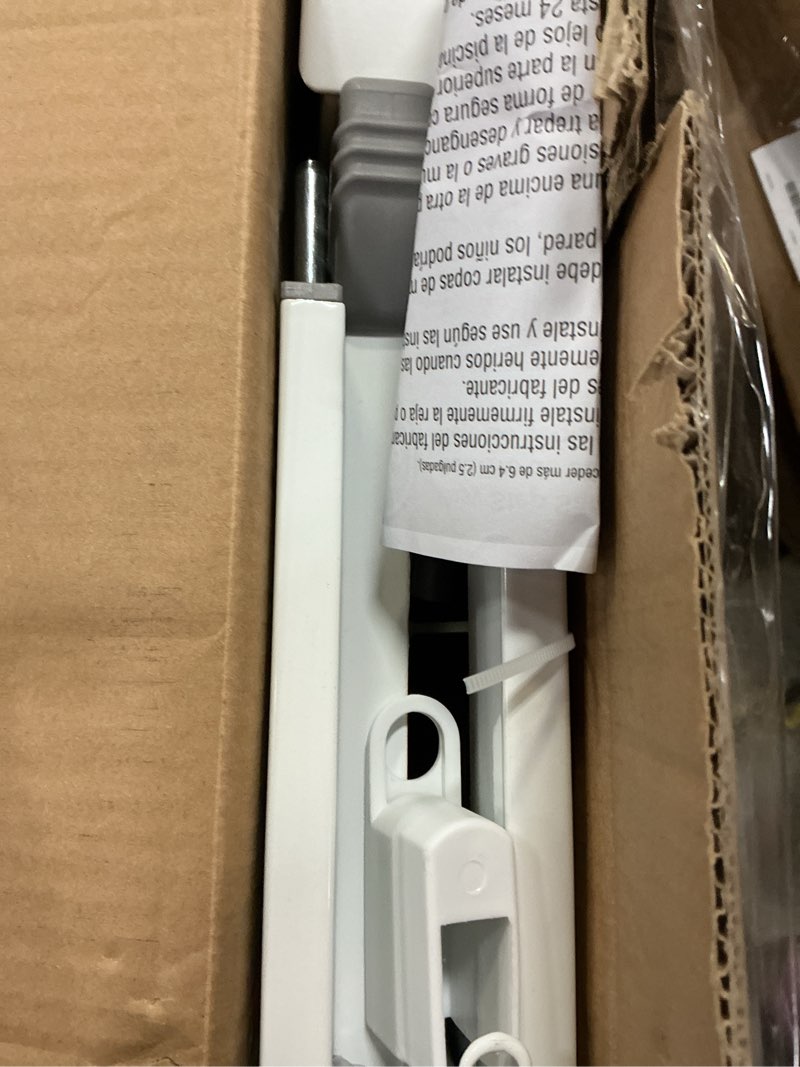 Condition photo showing New/Like New for regalo safety 38" baby gate for doorways & bottom of stairs, pressure mount design for babies, toddlers & pets, tested & safe for 30 years, american designed, american owned, white white 29-38.5"w x 30"h
