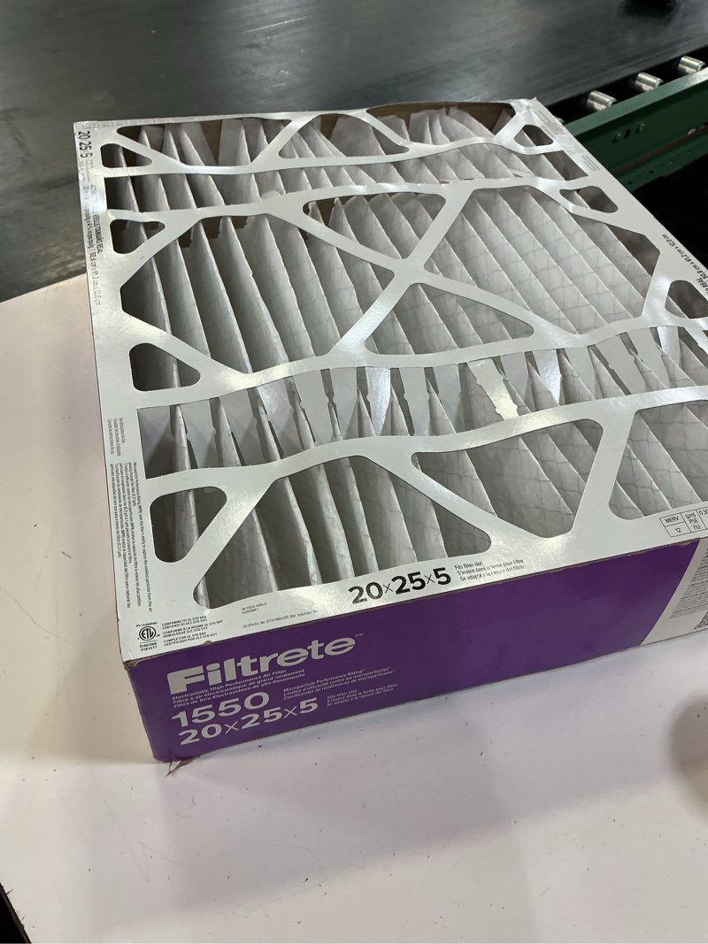 Condition photo showing As Is for filtrete 20 x 25 x 5 (slim fit) merv 12 1550 mpr slim allergen, bacteria and virus electrostatic pleated