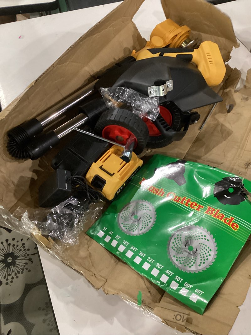 Condition photo showing As Is for not tested****2026 new 30000 rpm brushless cordless weed wacker with wheels, 12-inch battery powered electric weed eater, 4-in-1 grass trimmer, brush cutter, stringless weed trimmer & lawn edger (yellow, 1 set) yellow 1