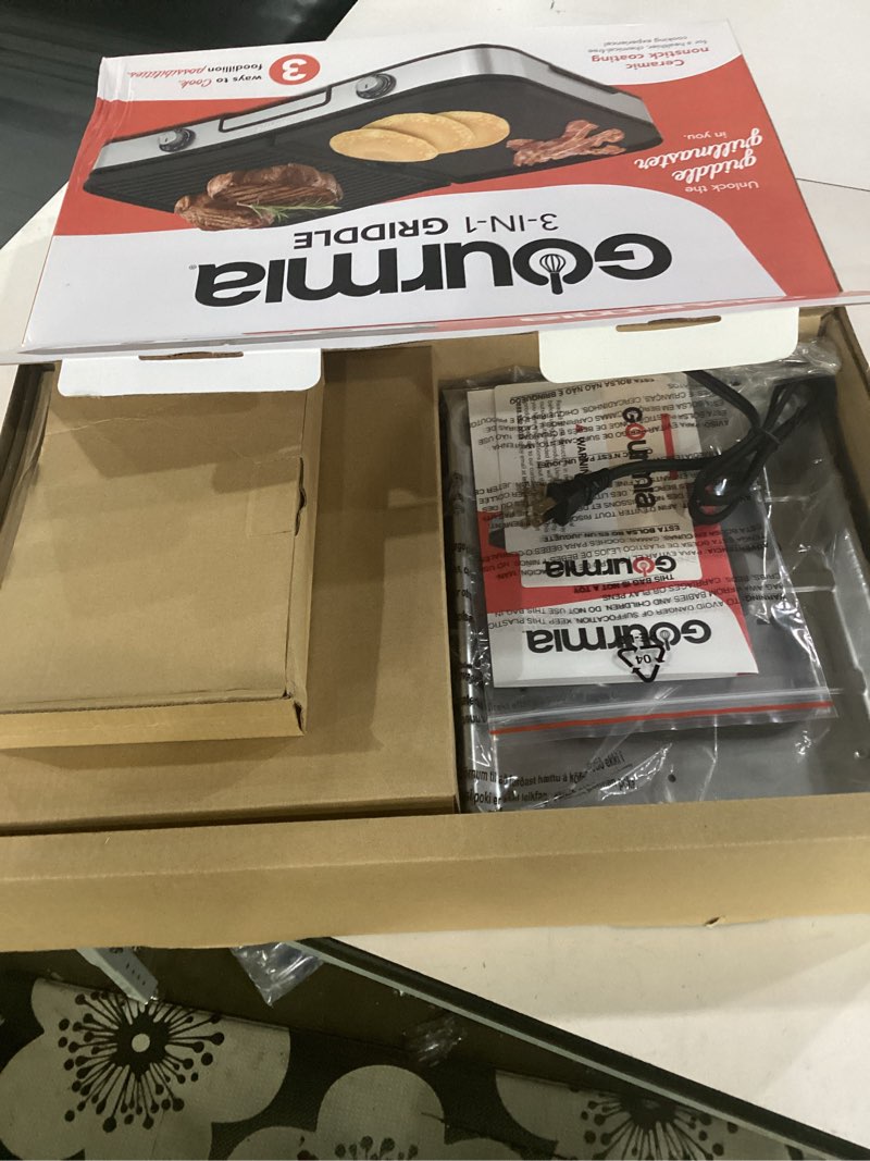 Condition photo showing Good Condition for not tested**** gourmia 3-in-1 indoor grill & griddle electric combo – dual independent cooking zones, reversible nonstick ceramic plates, xl cooking surface, 250–400°f adjustable temp, dishwasher safe