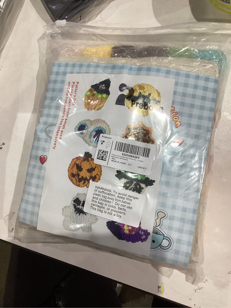 Condition photo showing New/Like New for Preboun 8 Pcs Halloween Punch Needle Coaster Kit, Easy DIY Embroidery Halloween Punch Needle Kit for Beginners Adults, Includes Adhesive Felt, Yarns Hoop Tools Instruction