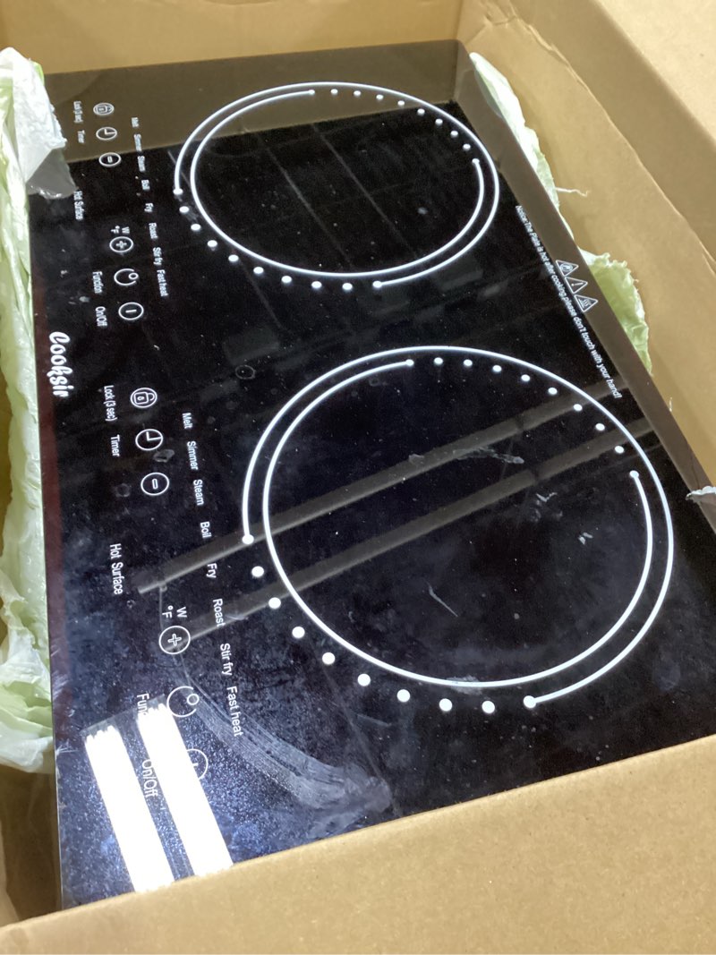 Condition photo showing As Is for 2 Burner Electric Cooktop - 24 Inch(23.6"x 13.8") Built-in & Countertop Electric Stove Top, 120V Double Burner Ceramic Cooktop Portable with Safety Lock, Timer, Touch Control, 110V Plug in