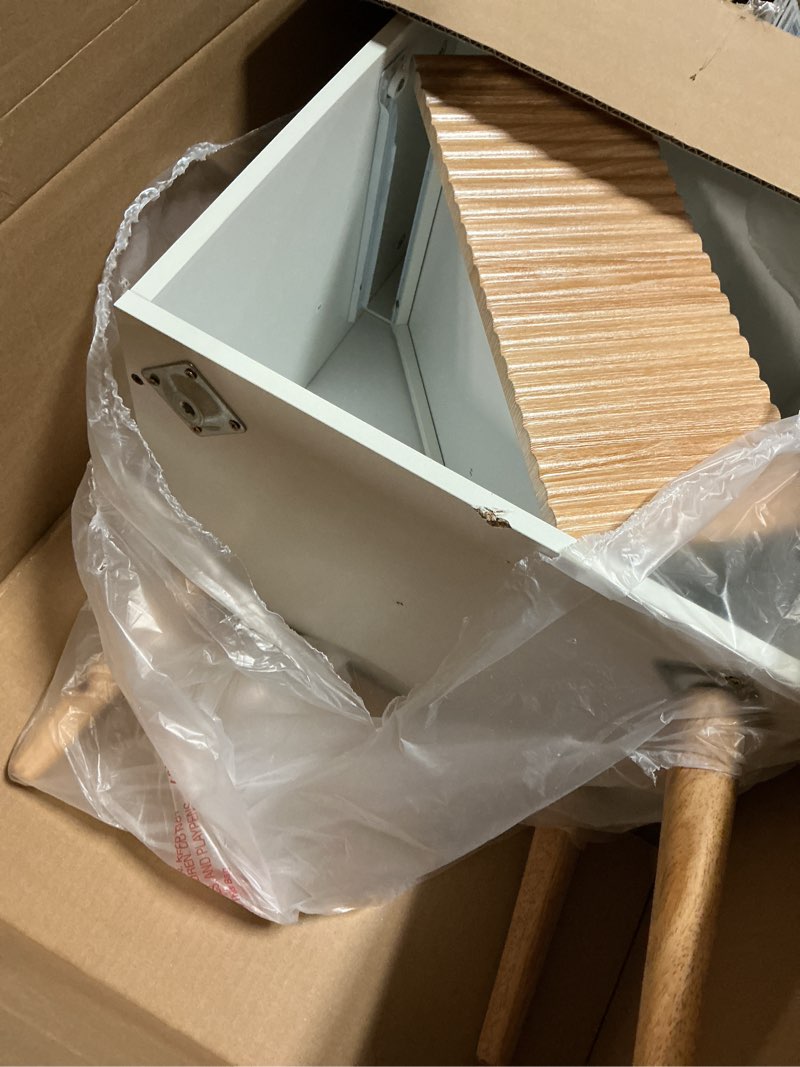 Condition photo showing As Is for Fluted Nightstand, Modern Bedside Table with Storage Drawers and Open Wood Shelf, Night Stand with Solid Wood Legs, End Tables Side Tables for Living Room, Bedroom White+oak